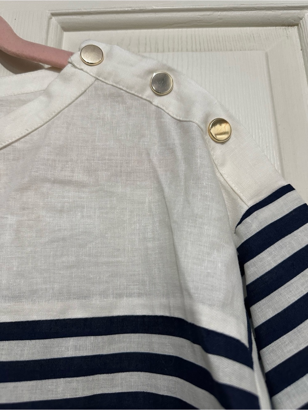 Zara Navy and White Striped Short Sleeve Button-Shoulder Top - Picture 7 of 10